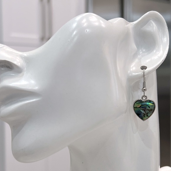 Abalone Shell Silver Heart Dangle Earrings - Picture 5 of 11
